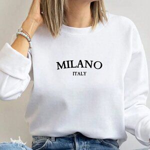 White Casual Women's Round Neck Oversized Milano Print Sweatshirt